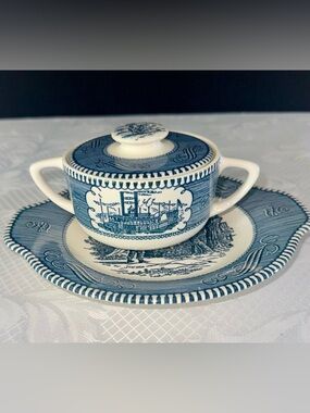 Currier & Ives Blue & White Sugar Bowl w/ Lid & Plate – Vintage